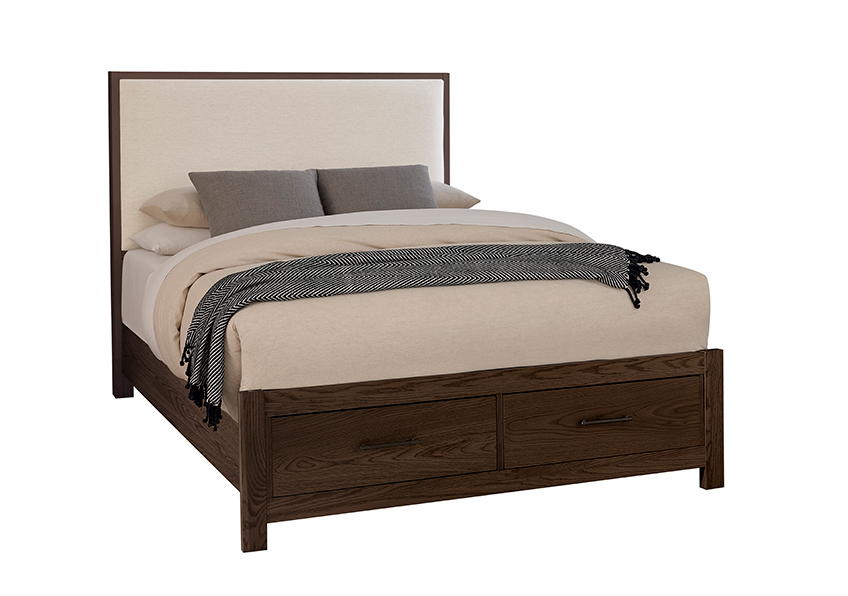 Wood Trim Upholstered Storage Bed - Ivory Cream Fabric