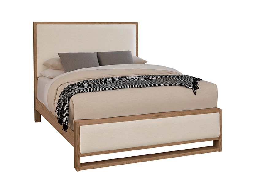 Wood Trim Upholstered Bed - Ivory Cream Fabric