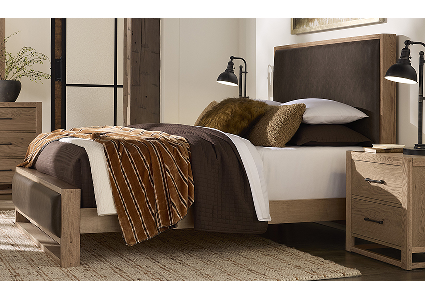 Wood Trim Upholstered Bed - Sedona Brown Fabric
